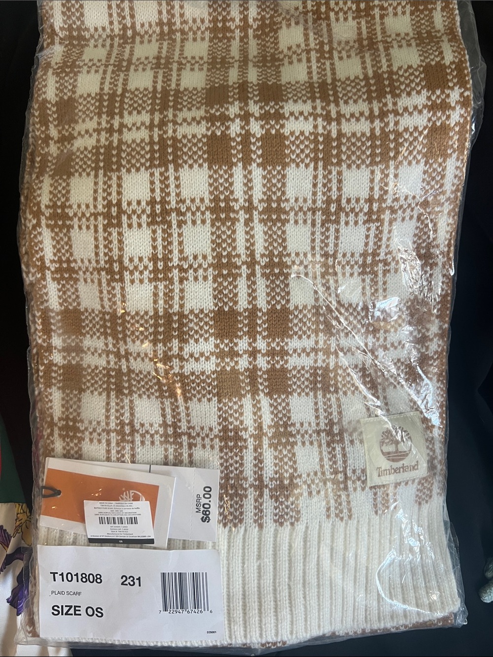 Timberland Cream and Tan Plaid Knit Scarf